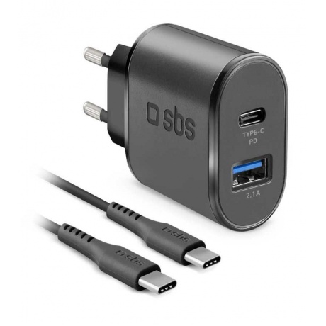 Сетевое зарядное устройство SBS, 2 порта: USB Power Delivery 18Вт + кабель Type-C- Type-C, чёрный (TEKITTRPDCCK) - фото 1