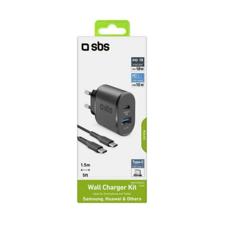 Сетевое зарядное устройство SBS, 2 порта: USB Power Delivery 18Вт + кабель Type-C- Type-C, чёрный (TEKITTRPDCCK) - фото 3