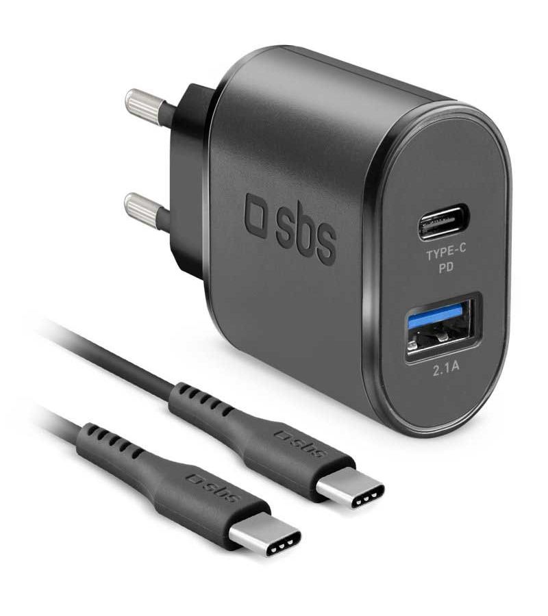 Сетевое зарядное устройство SBS, 2 порта: USB Power Delivery 18Вт + кабель Type-C- Type-C, чёрный (TEKITTRPDCCK)