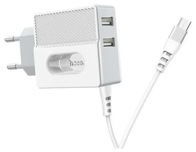 Сетевое зарядное устройство Hoco C75 Imperious, 2USB, 2.4A, подсветка, встроенный кабель Micro-USB, белый (15456)