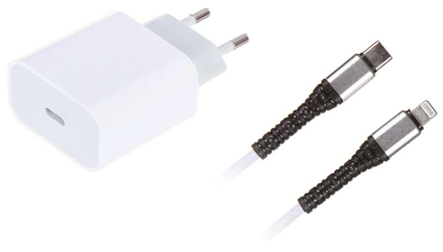 Сетевое зарядное устройство Red Line Type-C (модель PD1-5A), PD25W + кабель Lightning, 3А, тканевая оплетка, белый УТ000027297
