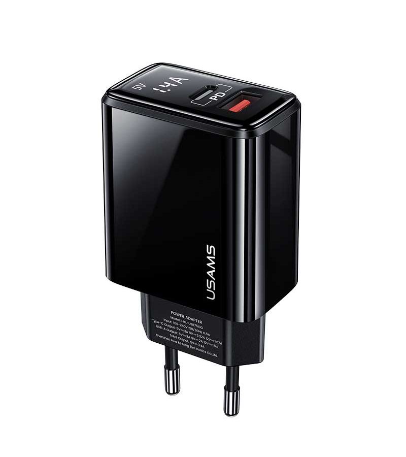 Сетевое зарядное устройство USAMS - (Модель - US-CC133 T40) QC3.0 + PD, Digital Display Fast Charger, черный (CC133TC01)