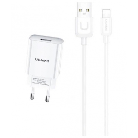 Сетевое зарядное устройство USAMS - (Модель T21 Charger kit) 1 USB T18 2,1A + кабель Lightning 1m, белый (T21OCLN01) - фото 2