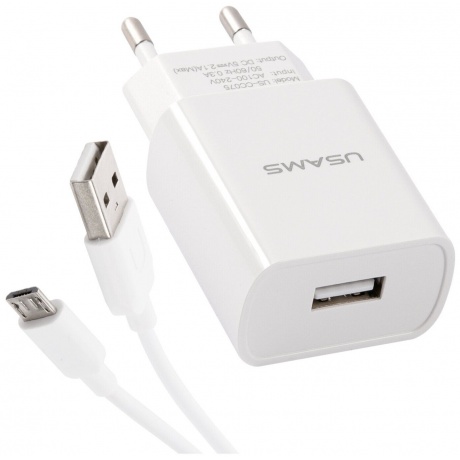 Сетевое зарядное устройство USAMS - (Модель T21 Charger kit) 1 USB T18 2,1A + кабель Micro USB 1m, белый (T21OCMC01) - фото 1