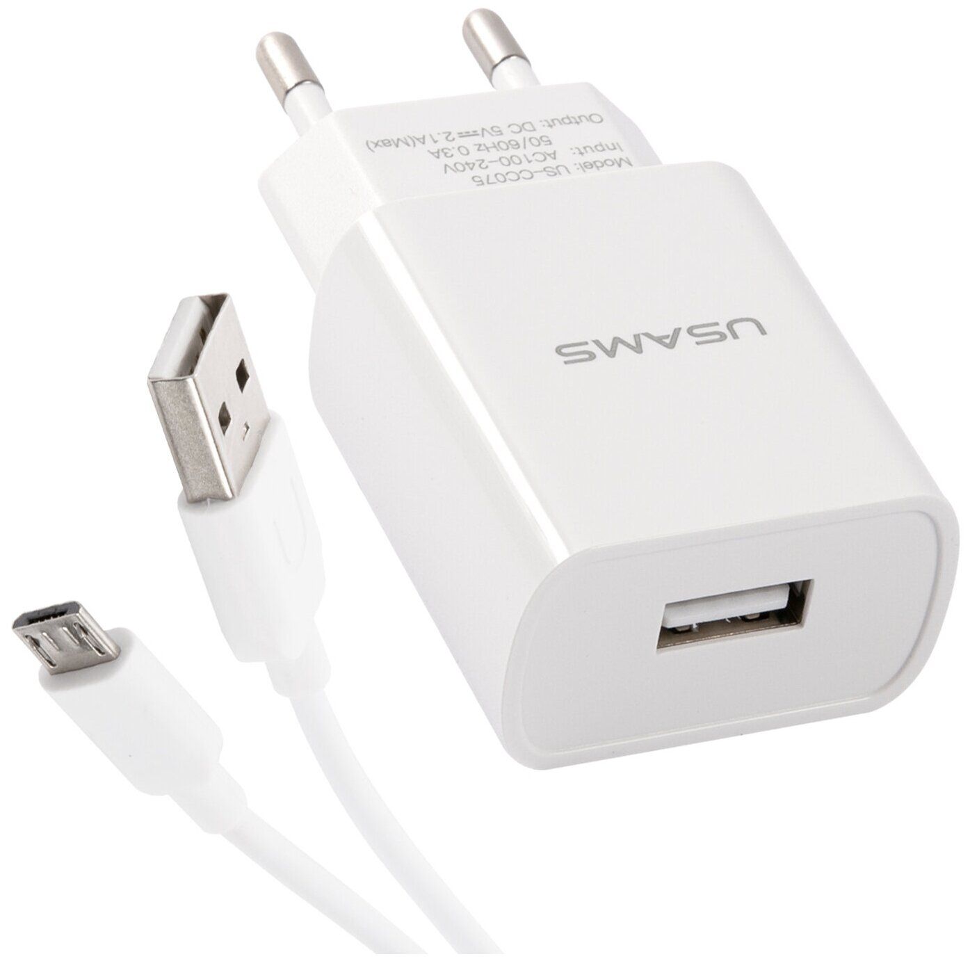 Сетевое зарядное устройство USAMS - (Модель T21 Charger kit) 1 USB T18 2,1A + кабель Micro USB 1m, белый (T21OCMC01) сетевое зарядное устройство usb usams t21 charger kit type c 1m белый t21octc01