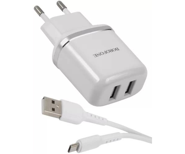 Сетевое зарядное устройство+кабель Micro-USB Borofone BA25A Outstanding, 2USB, 2.4A, белый (04207)