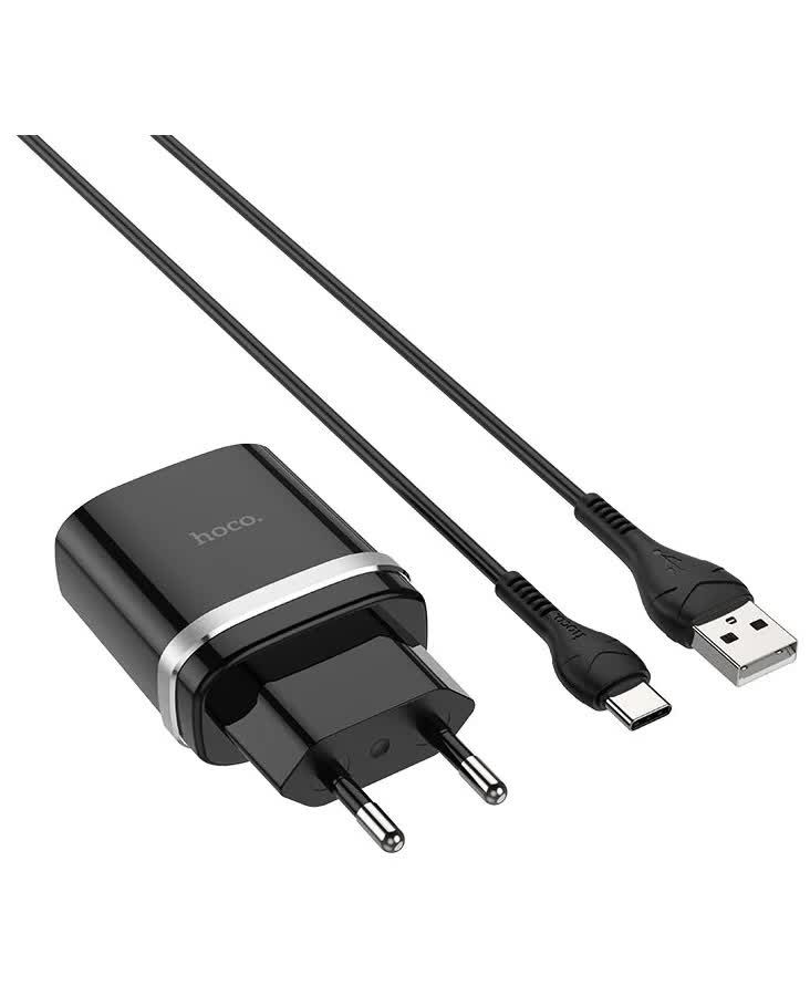 Сетевое зарядное устройство+кабель Type-C Hoco C12Q, 1USB, 3А, QC3.0, черный (16293)
