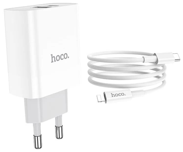 Сетевое зарядное устройство+кабель Type-C-Lighting Hoco C80A Rapido, USB+Type-C, PD+QC3.0, белый (40526)
