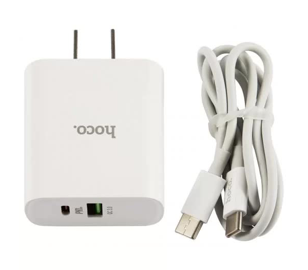 Сетевое зарядное устройство+кабель Type-C-Type-C Hoco C80, USB+Type-C, PD20+QC3.0, US plug, белый (40502)