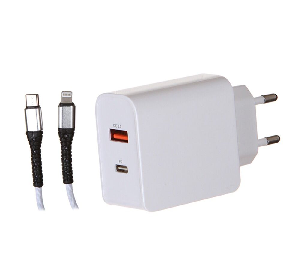 цена Сетевое зарядное устройство Red Line Tech USB + Type-C (модель PD-30), 3A, QC3.0 + PD30 + кабель PD Lightning, белый