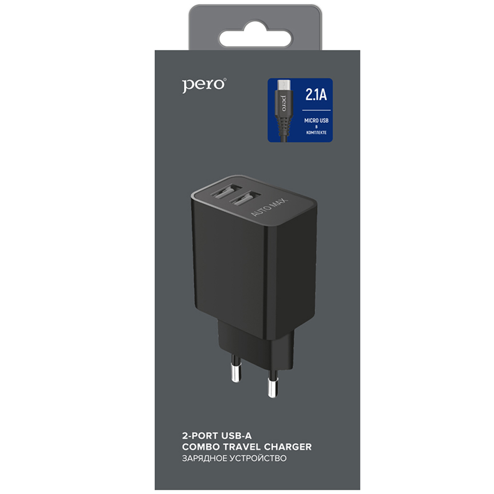 Сетевое зарядное устройство PERO TC02 2USB 2.1A c кабелем Micro USB черный