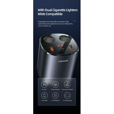 Автомобильный зарядное устойство USAMS 245W, 2A + C серый (CC151TC01) - фото 9