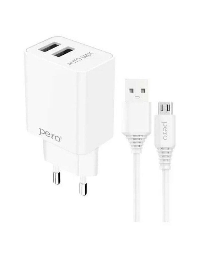 Сетевое зарядное устройство PERO TC02 2USB 2.1A c кабелем Micro USB в комплекте, белый сетевое зарядное устройство pero tc02 2usb 2 1a c кабелем micro usb черный