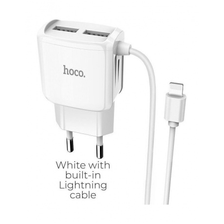 Сетевое зарядное устройство Hoco C59A Mega Joy, 2USB, 2.4A, встроенный кабель Lightning, белый (07949) - фото 5