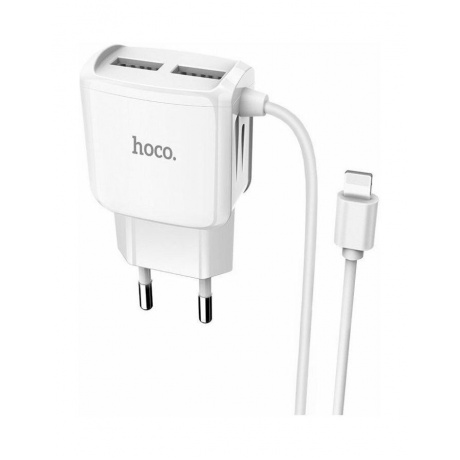 Сетевое зарядное устройство Hoco C59A Mega Joy, 2USB, 2.4A, встроенный кабель Lightning, белый (07949) - фото 8
