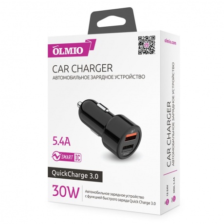 Автомобильное зарядное устройство OLMIO 30W, USBx2, QC, Smart IC, black - фото 1