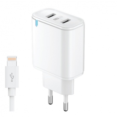 Сетевое зарядное устройство OLMIO USBx2, 2.4A, +8-pin кабель, Smart IC, white - фото 1