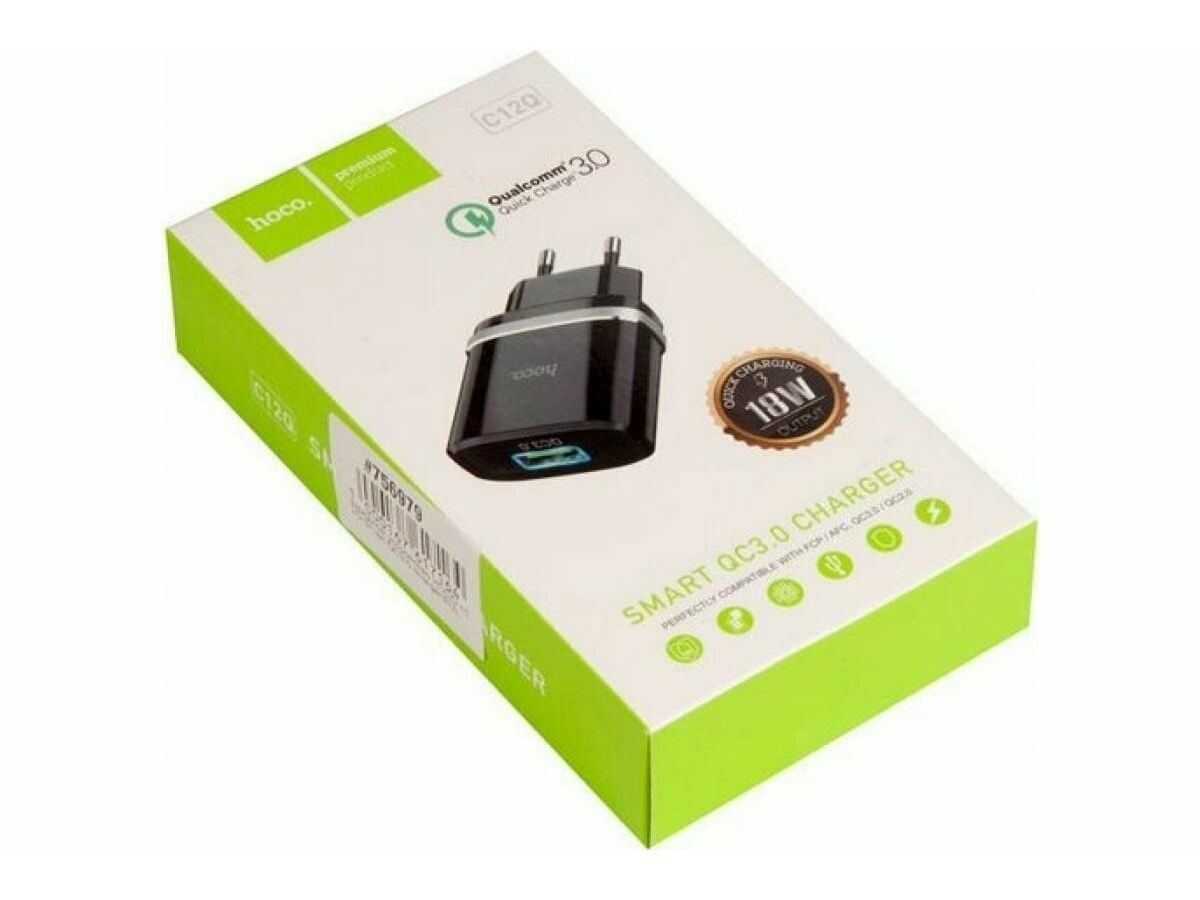 СЗУ 1USB 3.0A QC3.0 быстрая зарядка для Type-C Hoco C12Q 1м (Black)