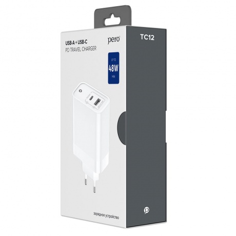 Сетевое зарядное устройство PERO TC12 USB-A QC3.0 + USB-C PD, 48W белый - фото 5