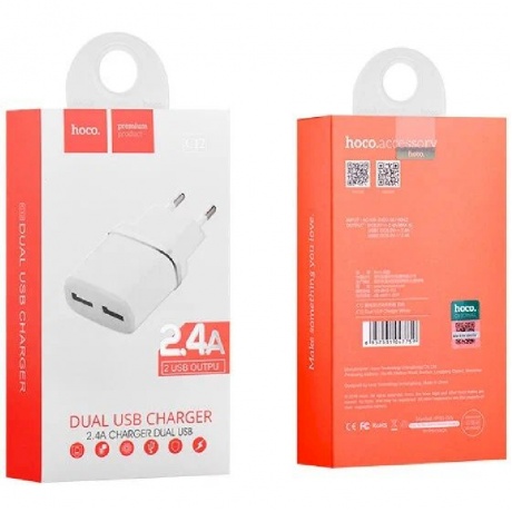 Сетевое зарядное устройство+кабель Micro-USB Hoco C12, 2USB, 2.4A, белый (47773) - фото 2