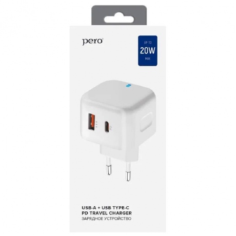 Сетевое зарядное устройство PERO TC10 USB-C + USB-A c кабелем C to L в комплекте, 20W, белый - фото 3