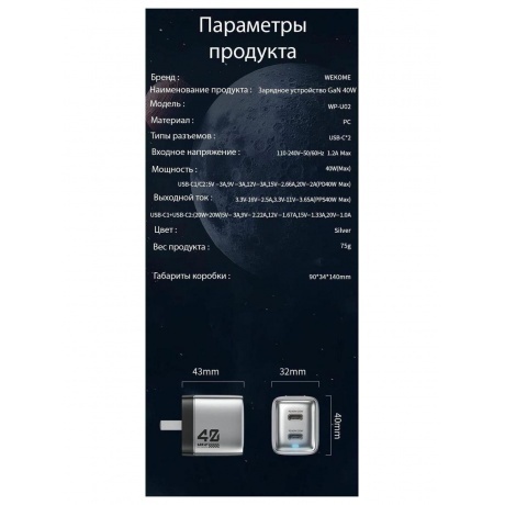 Зарядное устройство GaN 40W  (C+C ) Wekome WP-U02 - фото 5