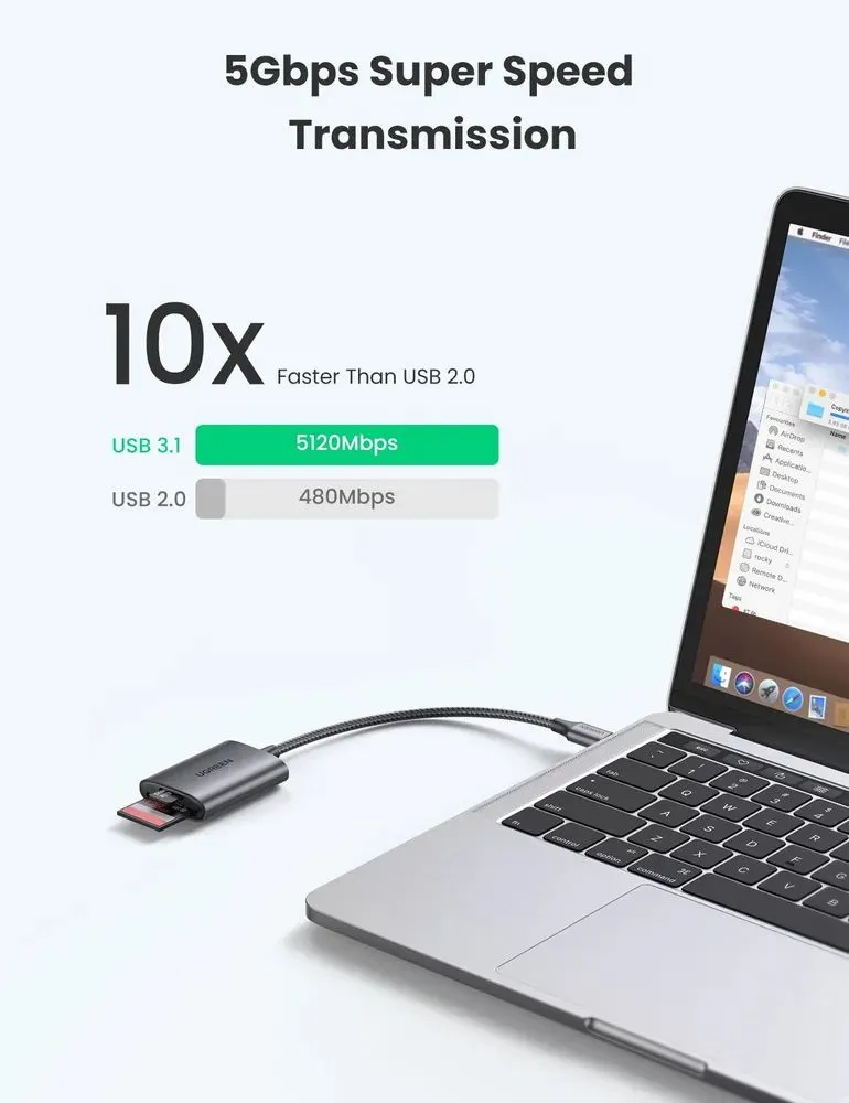 Картридер UGREEN USB-C 3.1 для карт памяти TF / SD, серый (80888) - фото 4