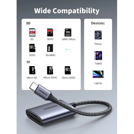 Картридер UGREEN USB-C 3.1 для карт памяти TF / SD, серый (80888) - фото 6