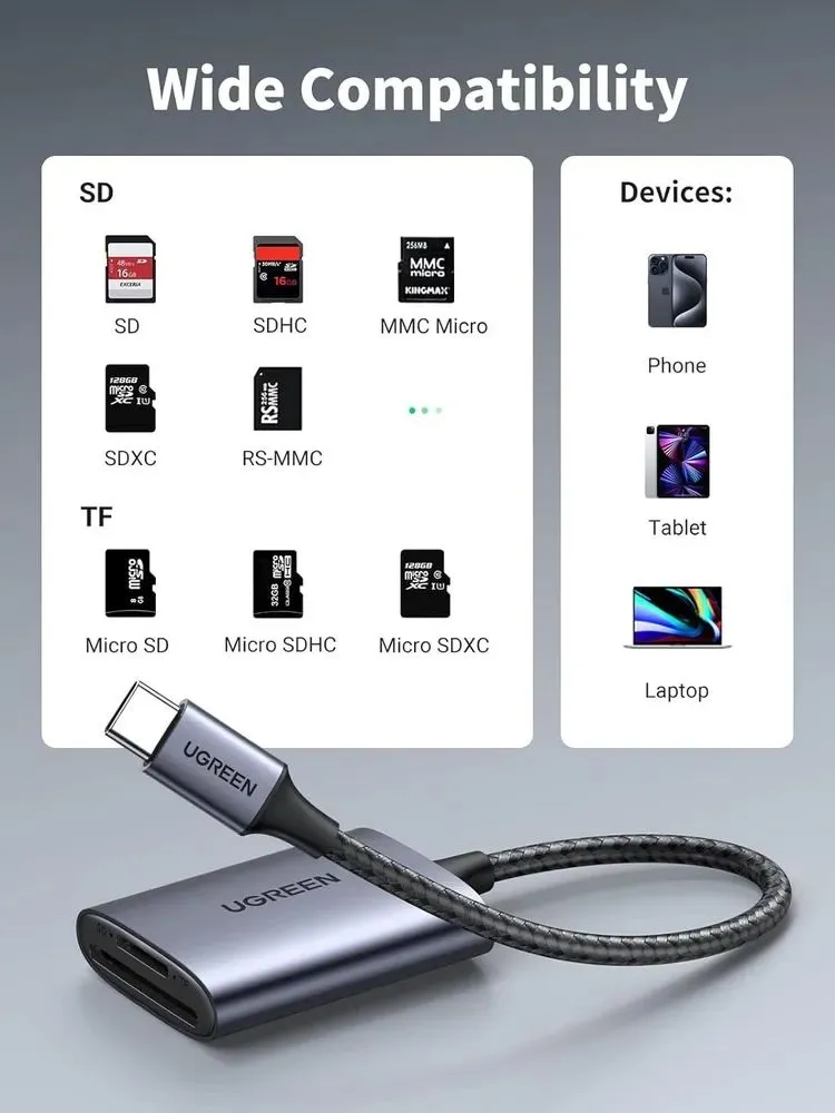 Картридер UGREEN USB-C 3.1 для карт памяти TF / SD, серый (80888) - фото 6
