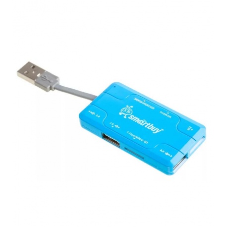 Картридер + Хаб Smartbuy 750, USB 2.0 3 (порта+SD/microSD/MS/M2) Combo, голубой - фото 1