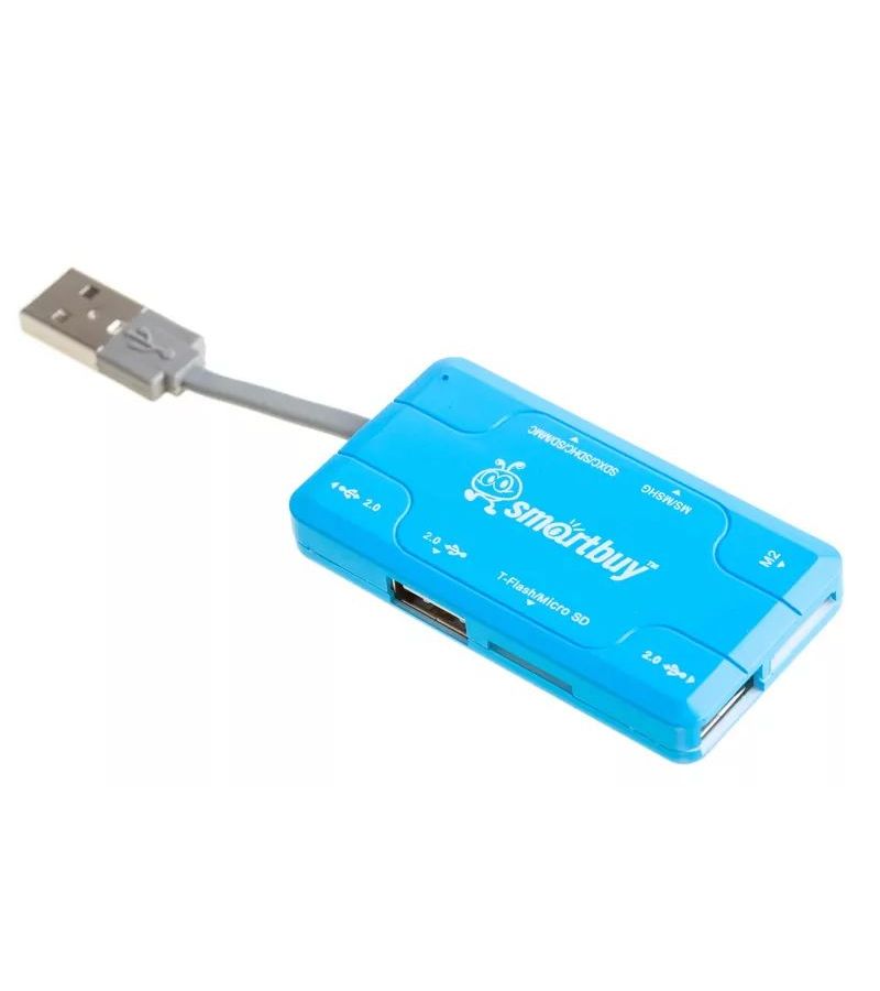 Картридер + Хаб Smartbuy 750, USB 2.0 3 (порта+SD/microSD/MS/M2) Combo, голубой