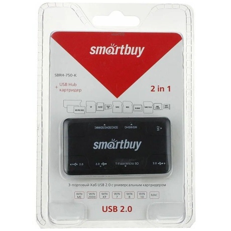 Картридер + Хаб Smartbuy 750, USB 2.0 3 (порта+SD/microSD/MS/M2) Combo, черный - фото 3