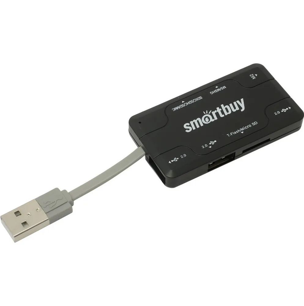Картридер + Хаб Smartbuy 750, USB 2.0 3 (порта+SD/microSD/MS/M2) Combo, черный