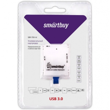 Картридер Smartbuy 700, USB 3.0 - SD/microSD/MS, белый - фото 4