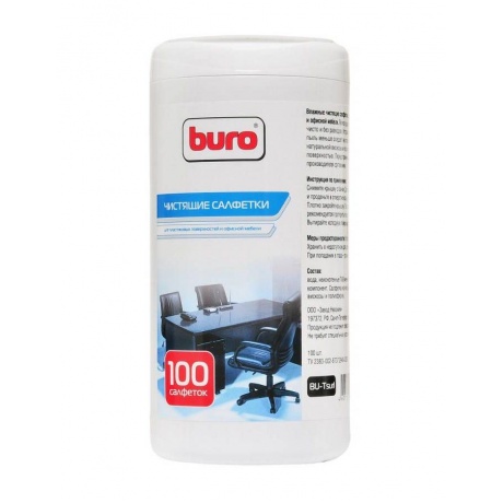 Салфетки Buro BU-Tsurl для пластиковых поверхностей и офисной мебели туба 100шт влажных - фото 1