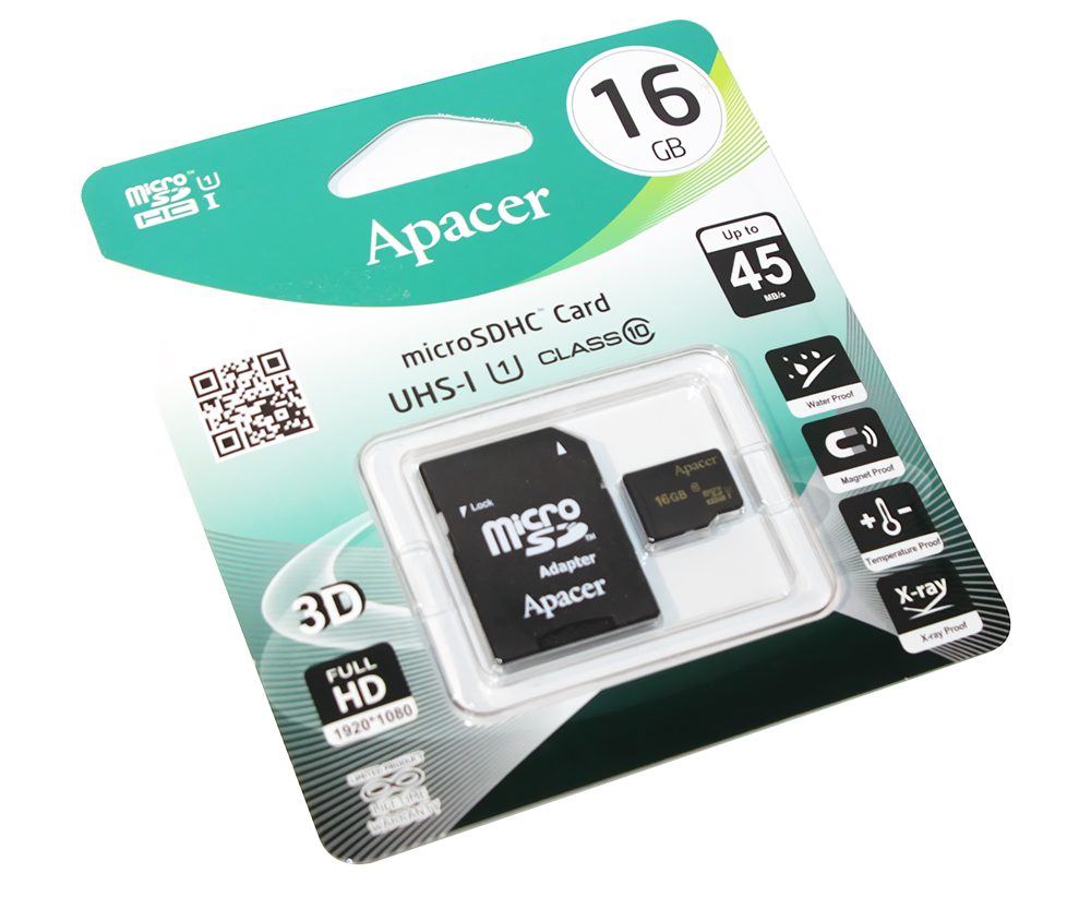 Карта памяти Apacer 16Gb microSDHC Class 10 UHS-I U1 (R45 MB/s) + SD adapter AP16GMCSH10U1-R - фото 1