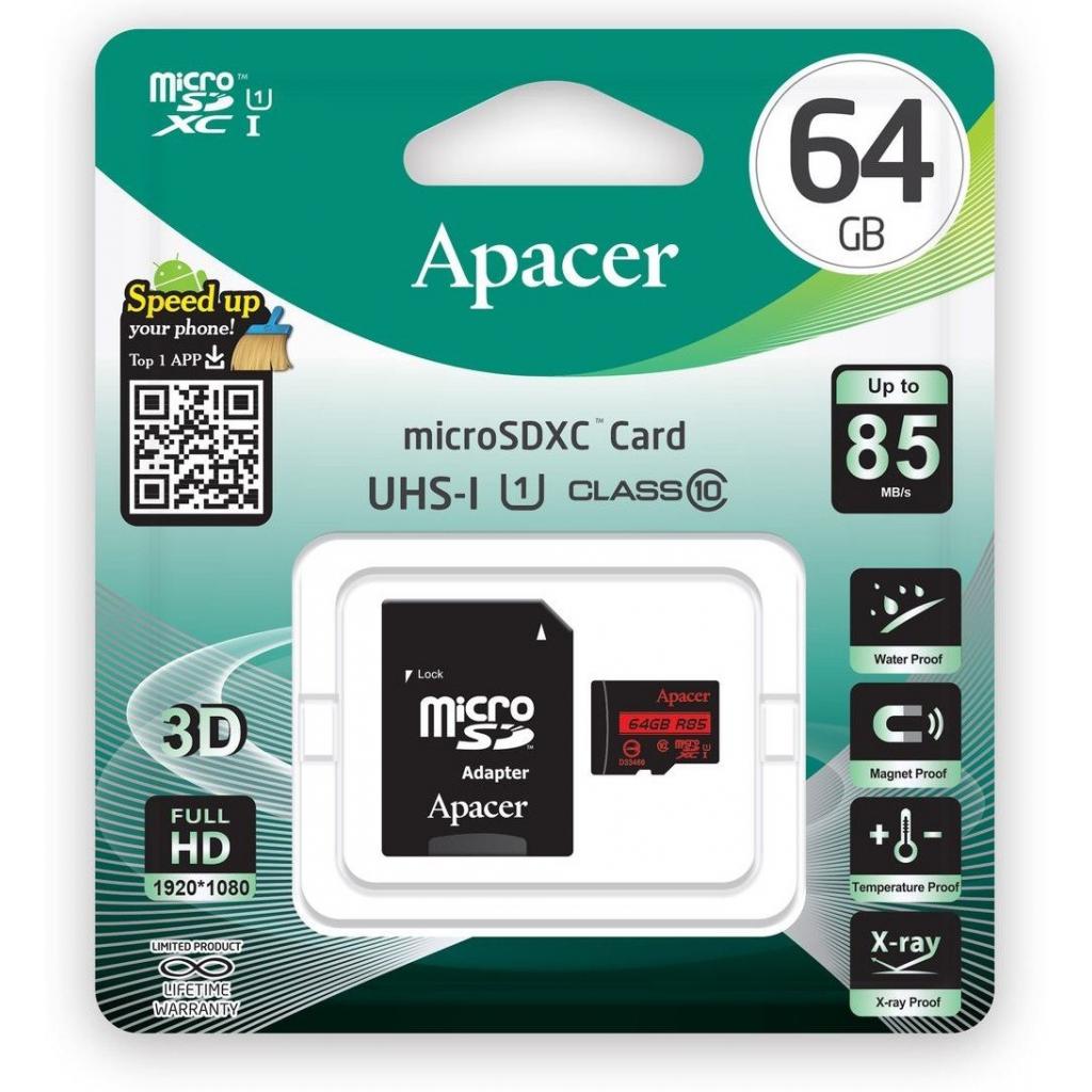 Карта памяти Apacer 64Gb microSDHC Class 10 UHS-I U1 (R45 MB/s) + SD adapter AP64GMCSX10U1-R - фото 1
