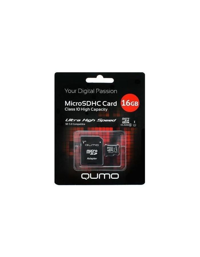 цена Карта памяти Qumo microSDHC 16Gb Class 10 + SD адаптер (QM16GMICSDHC10)