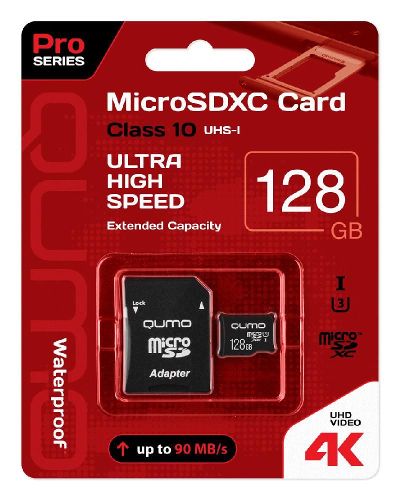 Карта памяти Qumo microSDXC class 10 UHS Class 3 128GB + SD adapter (QM128GMICSDXC10U3) цена и фото