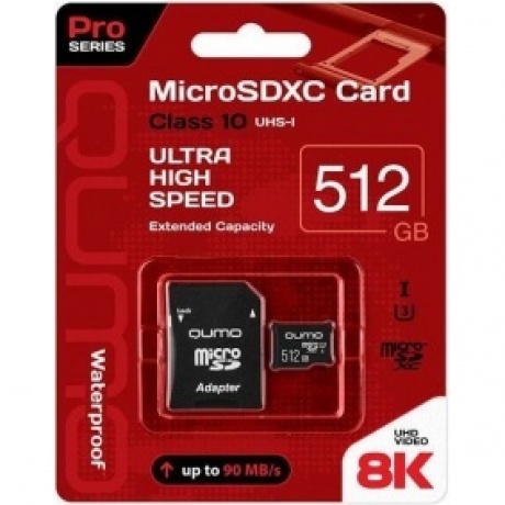 

Карта памяти Qumo microSDXC 512GB Pro series Class 10 UHS-I U3 + SD адаптер (QM512GMICSDXC10U3)