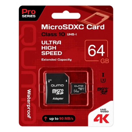 

Карта памяти Qumo microSDXC class 10 UHS Class 3 64GB + SD adapter (QM64GMICSDXC10U3)
