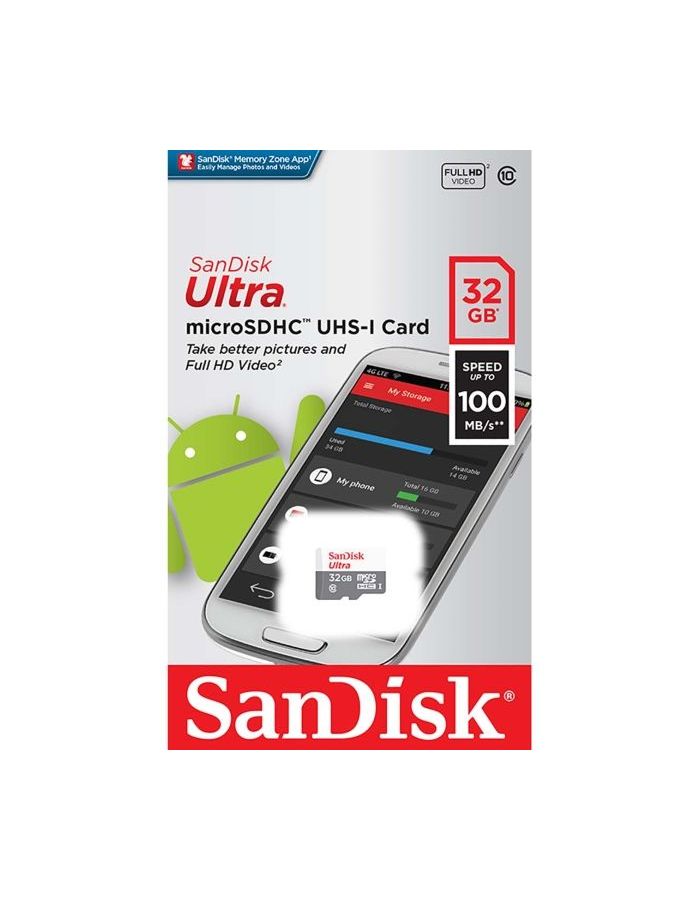 цена Карта памяти SanDisk microSDHC Ultra 32Gb Class 10 (SDSQUNR-032G-GN3MN)