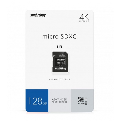 Карта памяти SmartBuy micro SDXC 128Gb Advanced Series UHS-I U3 V30 A1 + ADP (90/55 Mb/s)