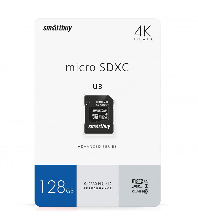 Карта памяти SmartBuy micro SDXC 128Gb Advanced Series UHS-I U3 V30 A1 + ADP (90/55 Mb/s)