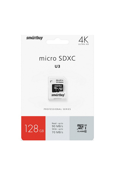 Карта памяти SmartBuy micro SDXC 128Gb Pro UHS-I U3 + ADP (90/70 Mb/s) карта памяти sandisk micro sdxc 64gb extreme pro uhs i u3 v30 a2 adp 170 90 mb s