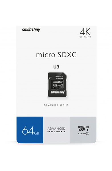 Фото - Карта памяти SmartBuy micro SDXC 64Gb Advanced Series UHS-I U3 V30 A1 + ADP (90/55 Mb/s) карта памяти sandisk micro sdxc 64gb extreme pro uhs i u3 v30 a2 adp 170 90 mb s