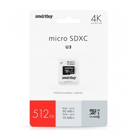 Карта памяти SmartBuy micro SDXC 512Gb Pro UHS-I U3 + ADP (90/70 Mb/s)