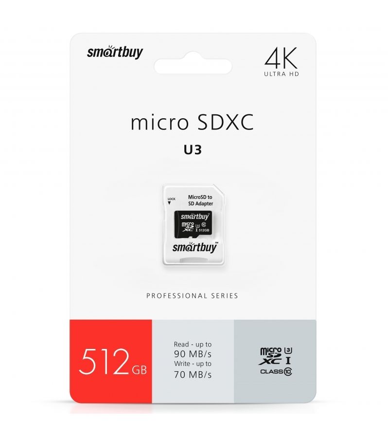 Карта памяти SmartBuy micro SDXC 512Gb Pro UHS-I U3 + ADP (90/70 Mb/s) цена и фото