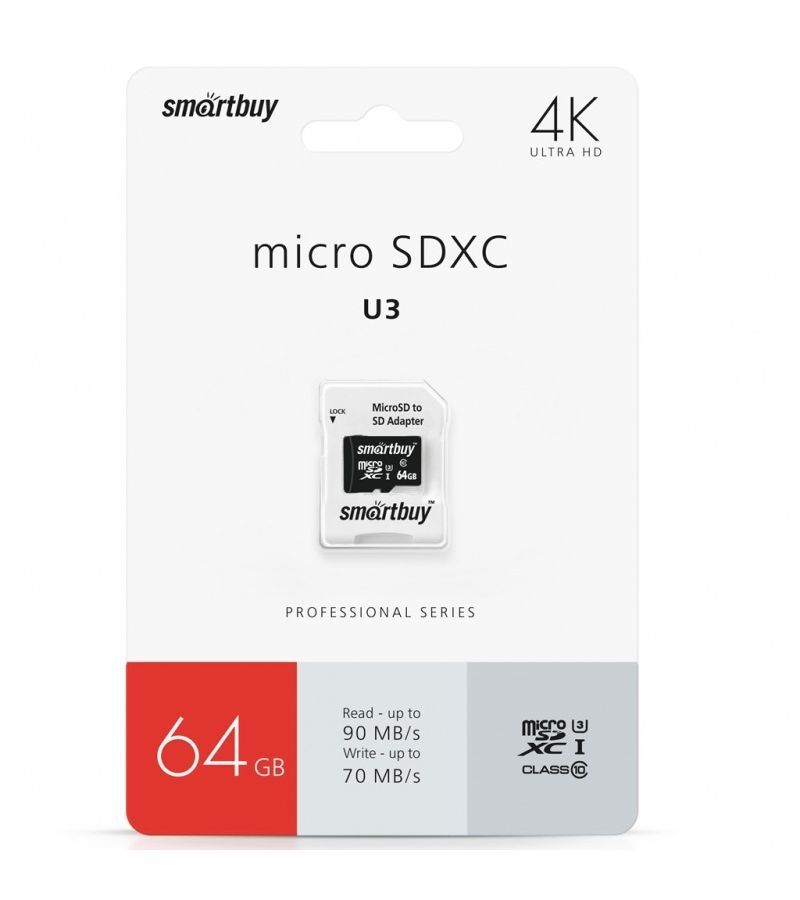 Карта памяти micro SDXC 64Gb SmartBuy Pro UHS-I U3 + ADP (90/70 Mb/s) SB64GBSDCL10U3-01 - фото 1