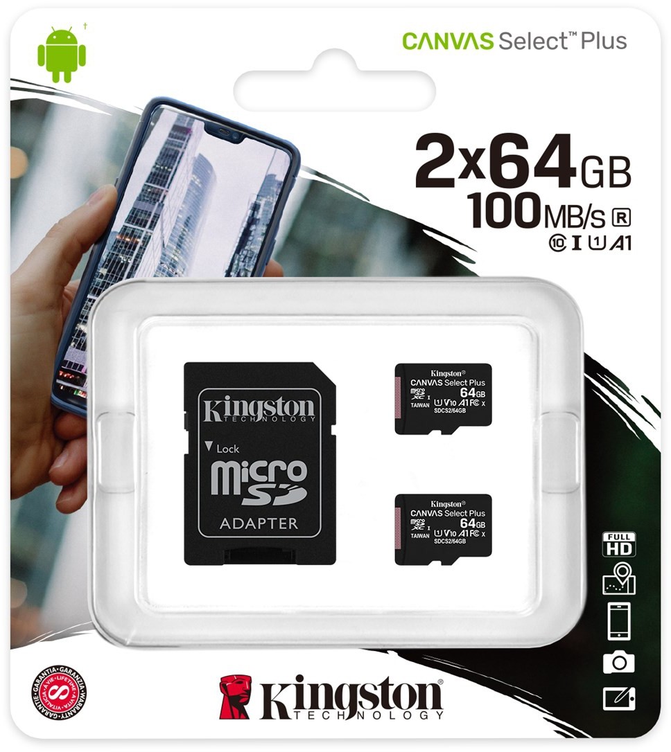 Карта памяти Kingston MicroSDHC 64Gb Class10 Canvas Select SDCS2/64GB-2P1A + adapter SDCS2/64GB-2P1A - фото 1